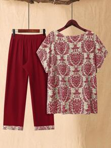 EMERY ROSE Plus Size Casual Allover Print Shirt And Pants 2Pcs Set - Burgundy - View 2