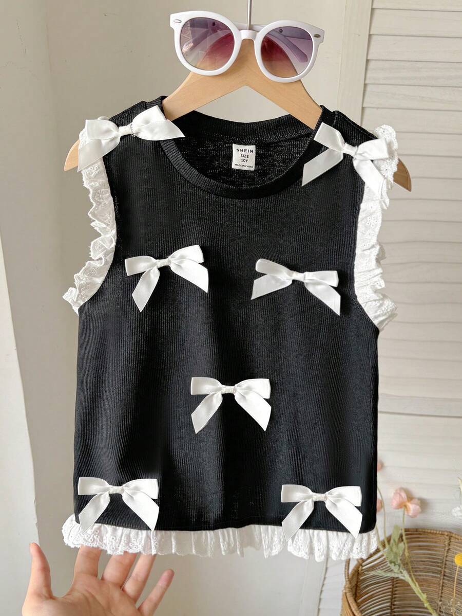 SHEIN Top sin mangas con volante y lazo decorativo de punto acanalado para niñas preadolescentes, de vuelta al colegio - Negro - Ver 1