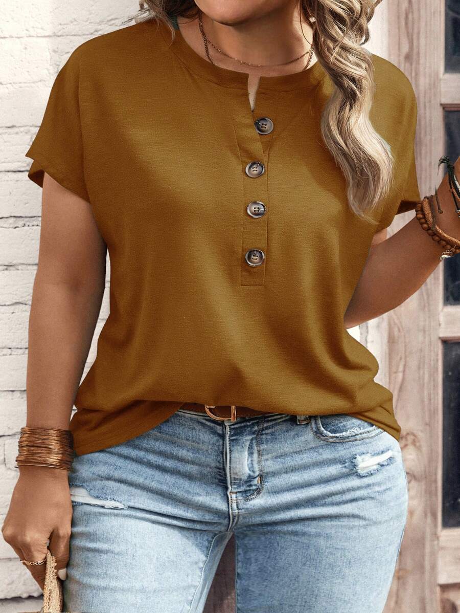 SHEIN LUNE Plus Size Women Fashion Button Collar Short Sleeve T-Shirt - Brown - View 1