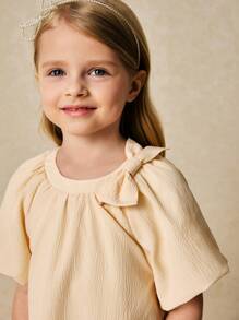SHEIN Young Girls Elegant Apricot Dress With Oversized Bow And Puff Sleeves, Spring/Summer