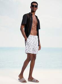Manfinity VDAYZ Pantalones cortos de playa casuales para hombre con estampado completo, cintura con cordón y bolsillos