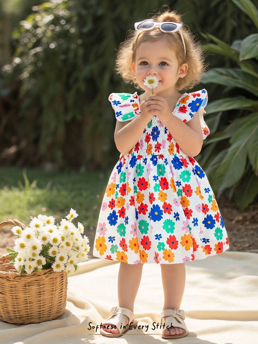 Cozy Pixies Sukienka dla dziewczynki z kwadratowym dekoltem w kwiaty i falbanką, z marszczeniami i ściągaczem w talii, na wiosnę