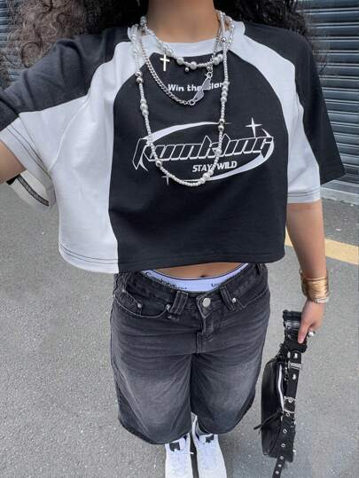 Coolane 女式夏季街头服饰 Y2K 比赛日运动图案拼色宽松短款 T 恤