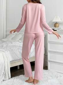 Women Geometric Print Long Sleeve Pajama Set, Top And Pants - Baby Pink - View 2
