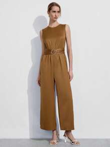 Lumivelle Women's Elegant Summer Camel Sleeveless High Waist Wide Leg Jumpsuit,Office Slim Fit One-Piece Outfit,Lightweight Waist Cinching Metal Decor Design - Mustard Yellow - View 5