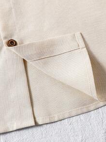 SHEIN 1 件 Tween 男孩立领绅士风格纯蓝色休闲短袖衬衫，百搭，适合春夏季 - 米色 - 查看 6