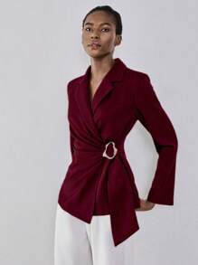 Lumivelle Women's Elegant Red Violet Woven Fabric Blazer: Long Sleeve, Lapel Neckline, And Asymmetrical Hem With Wrap Details Fall Cloth For Women - Red Violet - View 4