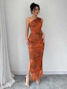 Elenzga Abito da sera di lusso da donna, abito lungo con stampa Tintura a nodi, scollo asimmetrico, senza maniche, sexy