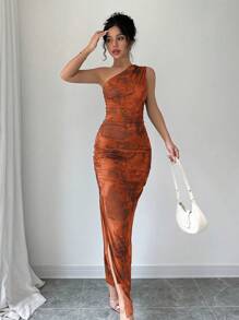 Elenzga Abito da sera di lusso da donna, abito lungo con stampa Tintura a nodi, scollo asimmetrico, senza maniche, sexy