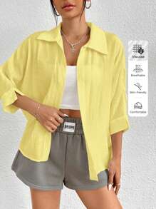 SHEIN PETITE Spring White Solid Batwing Sleeve White Shirt - Yellow - View 8