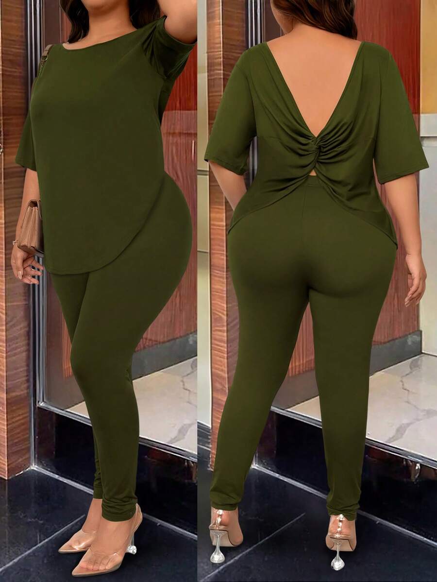 Maweii Plus Size Round Neck Backless Printed Short Sleeve 2pcs Set Fall Cloth For Women - Army Green - View 1