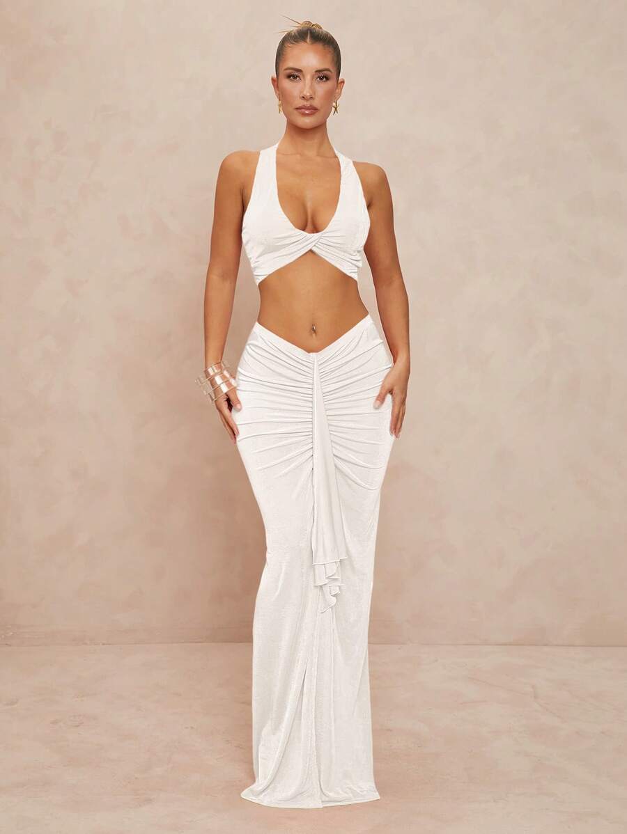 Lumalex 女士两件套：U 领扭纹短款背心和低腰褶饰荷叶边下摆紧身裙