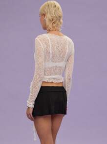 COUREZ Weißes spitzenbesetztes langärmliges Top, Sommeroutfit für Frauen/Y2K/Lässig Beach Urlaubs Resort Vintage - Weiss - Übersicht 3