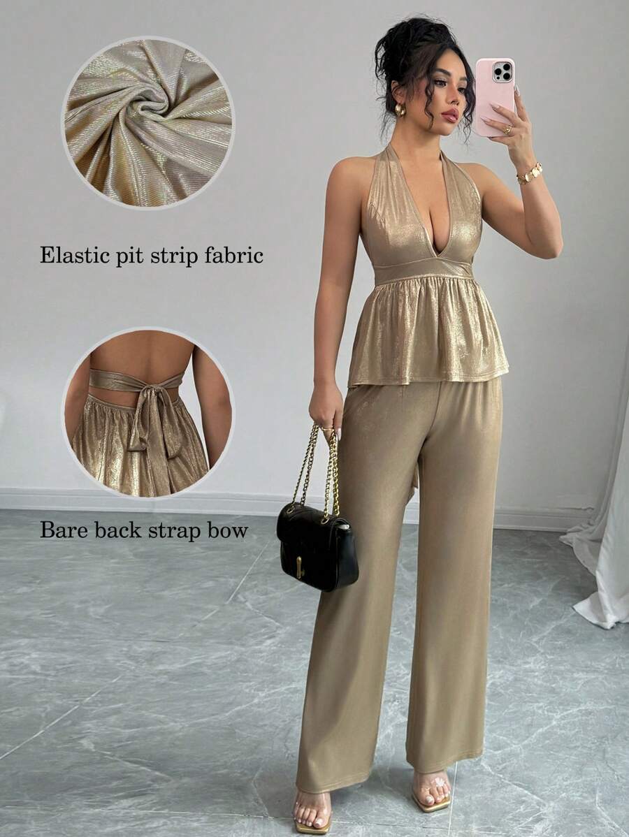 Selianne 2pcs/Set Elegant Halter Neck & Waist Cinched V-Neck Women's Outfit - Apricot - View 1
