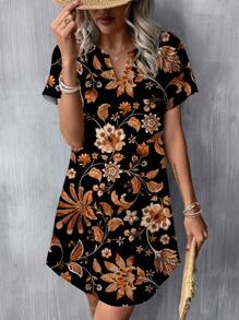 SHEIN LUNE Casual Minimalist Floral Print V-Neck Woven Short Dress For Women, Suitable For Spring/Summer,Summer Dresses For Women Suitable For Going Out Chic Dress - Multicolor - View 5