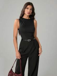 SHEIN Tall Bộ đồ liền thân ống rộng xếp ly màu đen cho nữ kèm thắt lưng, phong cách thường ngày, phong cách quý tộc, phong cách công sở - màu đen - Xem 5