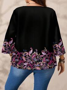 SHEIN CURVE+ 休闲加大码佩斯利印花加大码衬衫，宽松圆领 3/4 袖衬衫，春夏季百搭，曲线加大码，波西米亚度假风