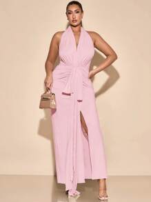 SHEIN BAE 大码女式优雅长款 V 领针织连衣裙，杏色，适合日常穿着、郊游、约会、下午茶、度假、春夏季、大码女式亚麻背心和阔腿短裤 2 件套、女士春季服装、女士夏季服装、节日/音乐会服装女士/狂欢服装节日/狂欢服装/春假服装、毕业礼服、女士沙滩服装/沙滩、大码女式高开衩连衣裙、春夏季 - 珊瑚粉 - 查看 7