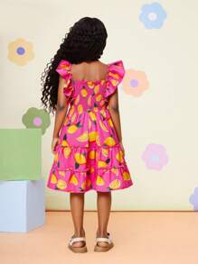 Vestido casual de gasa con cuello con volantes y estampado floral menudo para niña - Rosa Fucsia - Ver 2