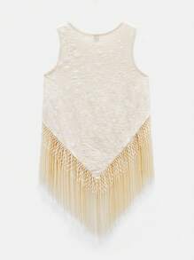 Maija 米色圆领无袖宽松流苏下摆波西米亚风度假风女式上衣，适合海滩、假日、秋冬季、万圣节、秋季派对等场合。 - 米色 - 查看 8