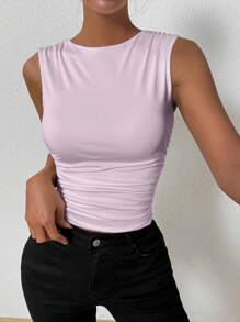 Chiquease Women's Solid Color Fitted Ruched Crew Neck Camisole