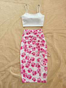 Soleia 2 件套女士节日针织短款背心和花卉印花抽绳开叉裙套装，适合节日、约会、下午茶、度假、音乐节、波西米亚风