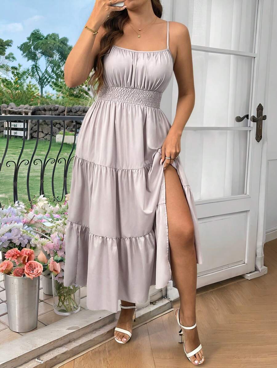 SHEIN LUNE Plus Size Women Spaghetti Strap Multi-Layered Flared Waist Slit Dress - Light Grey - View 1