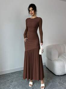 Firerie 女士网眼长袖圆领连衣裙，适合秋季服装、返校服装、教师服装 - 巧克力棕 - 查看 6