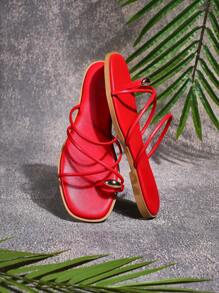 SHUZIA 女士热情红金色点缀人字拖——时尚高品质优雅情人节之选 - 紅色 - 查看 2