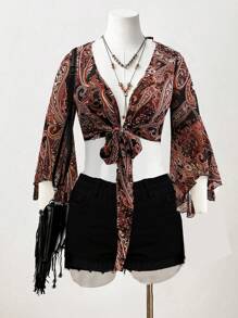 Sunspun New Summer Western Vacation Retro Print Chiffon Deep V-Neck Long Sleeve Ruffle Hem Tied Design Blouse For Women, Elegant Vacation Boho - Multicolor - View 1