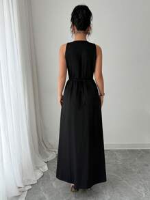 Elenzga Vestido casual de longitud media, de un solo pecho, con bolsillos y sin mangas, de color liso para mujeres