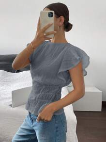 Siren Gaze Blusa casual con cuello redondo y volantes, cintura recogida, para mujer, de verano