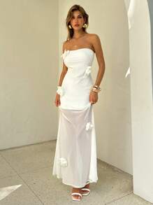 Aloruh Women's Elegant Solid Color 3D Floral Decor Bandeau Dress - White - View 1