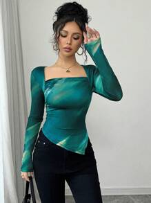 Elenzga Camiseta de punto ajustada con cuello cuadrado, camiseta con estampado de teñido anudado y dobladillo asimétrico, camiseta de punto ajustada con estampado de malla - Verde - Ver 6