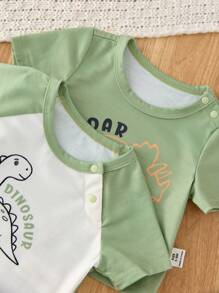 SHEIN Dozemod Kids 4pcs Newborn Baby Boy Cute Cartoon Dinosaur Pattern Crew Neck Short Sleeve Raglan Sleeve Shorts Soft Intimate Sleepwear Set Graphic - Multicolor - View 3