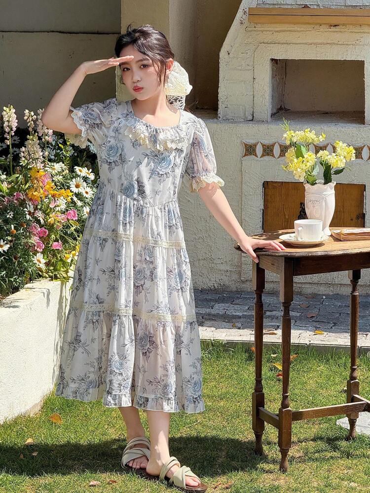 Tween Girl Ditsy Floral Square Neck Short Sleeve Dress, Summer,Back To School Clothes Vacation Easter