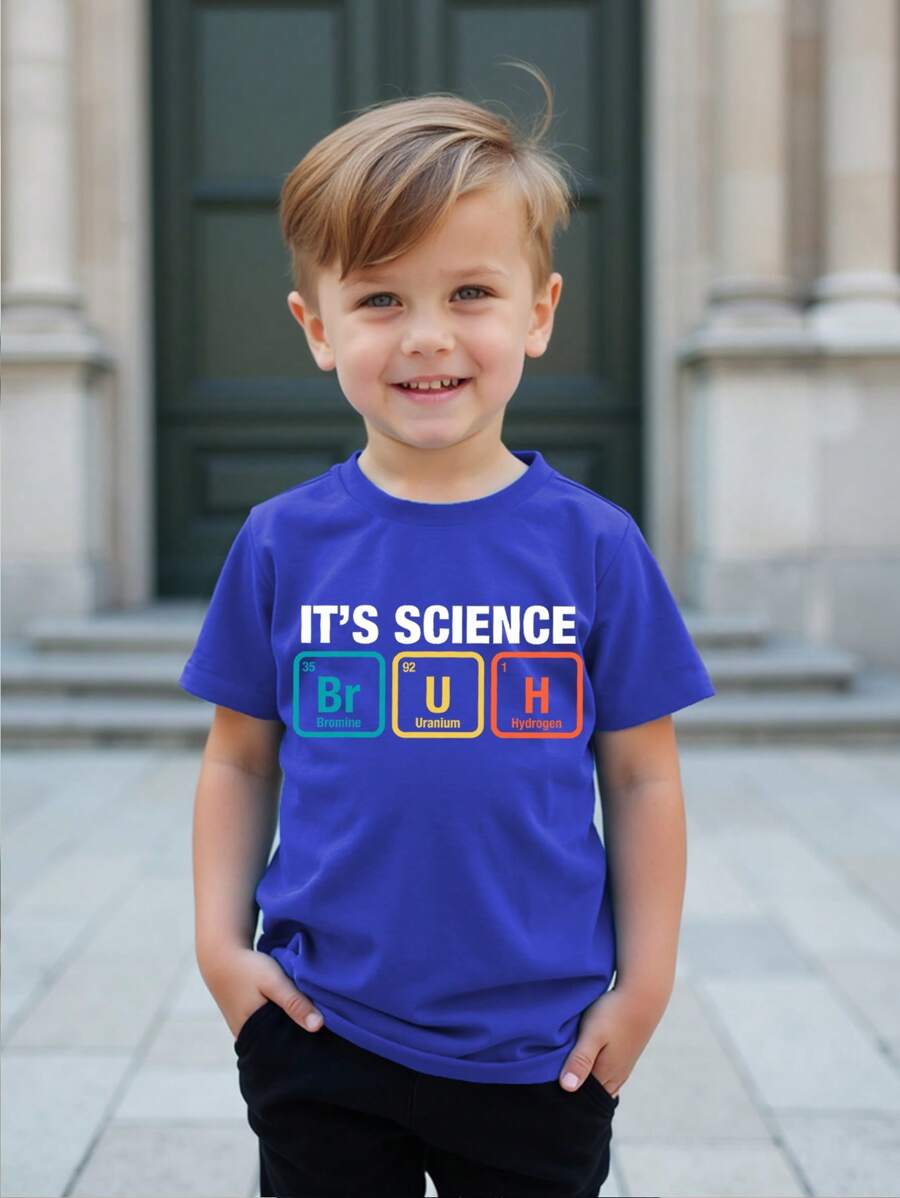 Camiseta básica de manga corta y cuello redondo de color azul marino con estampado "Es ciencia, hermano" para niño, de verano