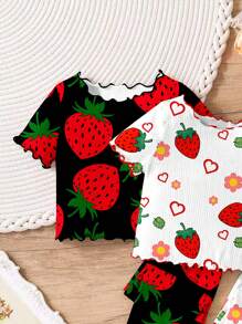 SHEIN 4pcs Baby Girls' Ruffled Strawberry Pattern Contrast Color Pajamas, Multi-Pack, Suitable For Summer - Multicolor - View 4