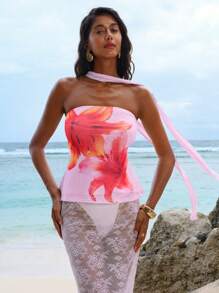 Opulessa Floral Print Knitted Mesh Fitted Camisole Top For Women - Pink - View 6
