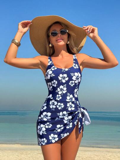 Swim Lushoire Women's Floral Print Knotted One Piece Swimsuit, Suitable For Vacation For Summer