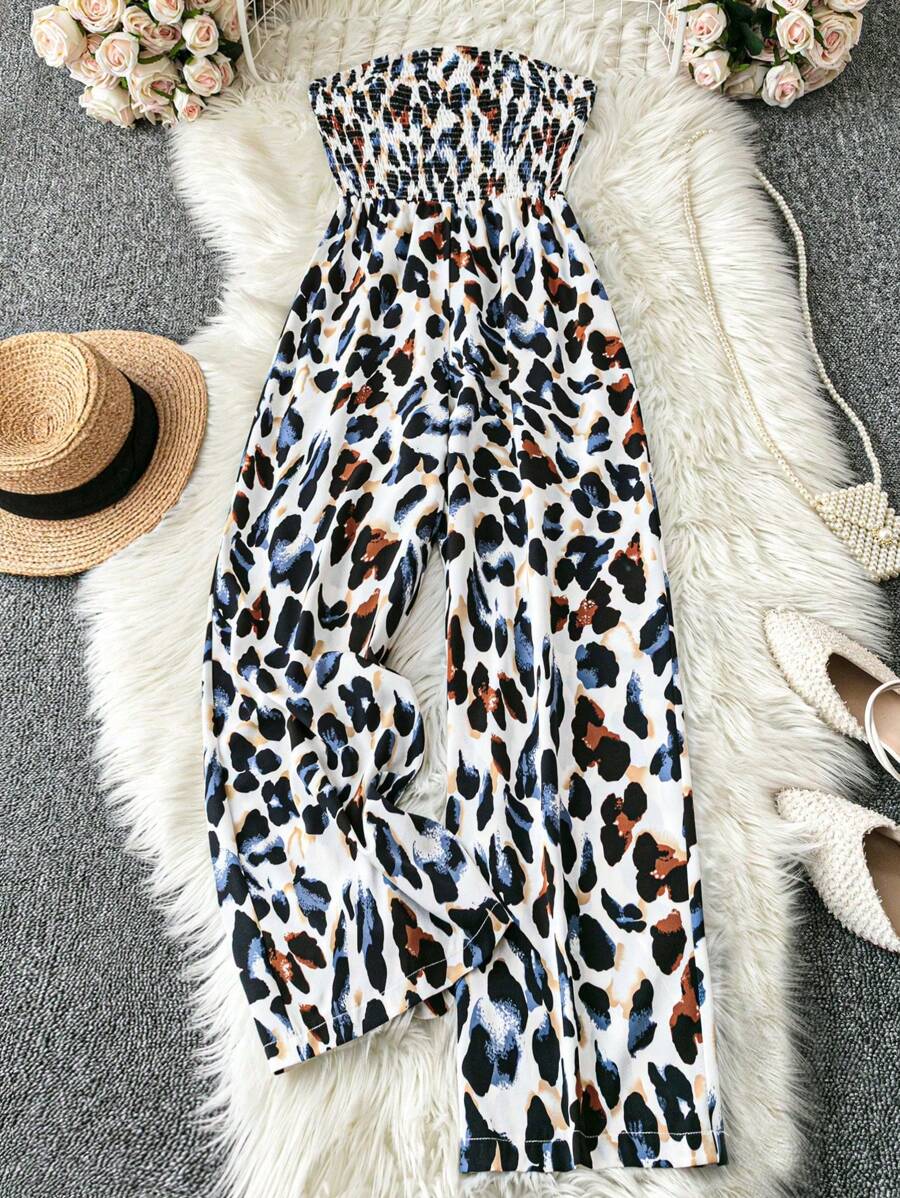 SHEIN Clasi Mono con estampado de leopardo fruncido sin tirantes talla grande para mujer, de verano - Multicolor - Ver 1