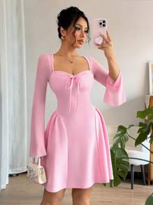 Elenzga 新款女士网眼拼布侧褶设计 A 字裙，带蝴蝶结领，时尚、百搭、年轻而优雅 - 粉色 - 查看 3