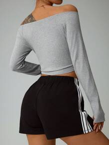 Gameset SHEIN Sport Women's Off Shoulder Long Sleeve Top And Striped Shorts Yoga Tennis Sports Set - Green - View 2