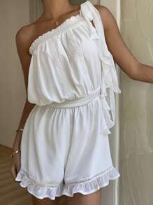 SHEIN EZwear Women's Vacation Leisure Solid Color Lace Trim Ruffle Hem Romper - White - View 4