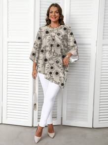 EMERY ROSE Plus Size Casual Floral Print Shirt, Minimalist All-Over Print Design, Suitable For Spring And Autumn, Holiday - Multicolor - View 5