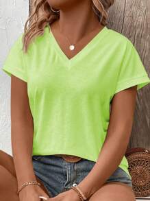 INAWLY Plus Size Women's V-Neck Short Sleeve Patchwork Cuff Casual Versatile T-Shirt, Spring/Summer