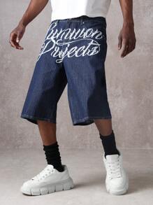 SUMWON 优质刺绣文字标志牛仔短裤细条纹街头都市时尚夏季宽松及膝休闲步行短裤 - 藍色 - 查看 3