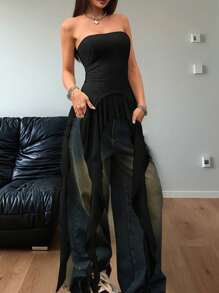 Coolane Top tubo asimétrico de malla con volantes para mujer, estilo Y2K streetwear, de cowgirl, para cita nocturna, concierto, Mardi Gras - Negro - Ver 1