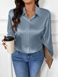 SHEIN Frenchy Apricot Satin Basic Open Front Casual Blouse, Suitable For Office, Commute, And Daily Wear, Plus Size - Blue - View 6