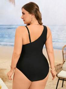 Swim Lushoire Plus Size Women Solid Color Fashion Beach Pool Sexy One-Piece Swimsuit For Summer Beach Vacation - Black - View 2